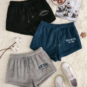 3pcs Letter Embroidery Drawstring Waist Flannel Lounge Shorts