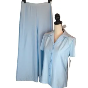 70s Vintage Ship ‘n Shore Qiana Knit Nylon Powder Blue Lounge Set, Size 10 NOS