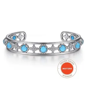 925 Sterling Silver Rock Crystal and Turquoise Station Cuff