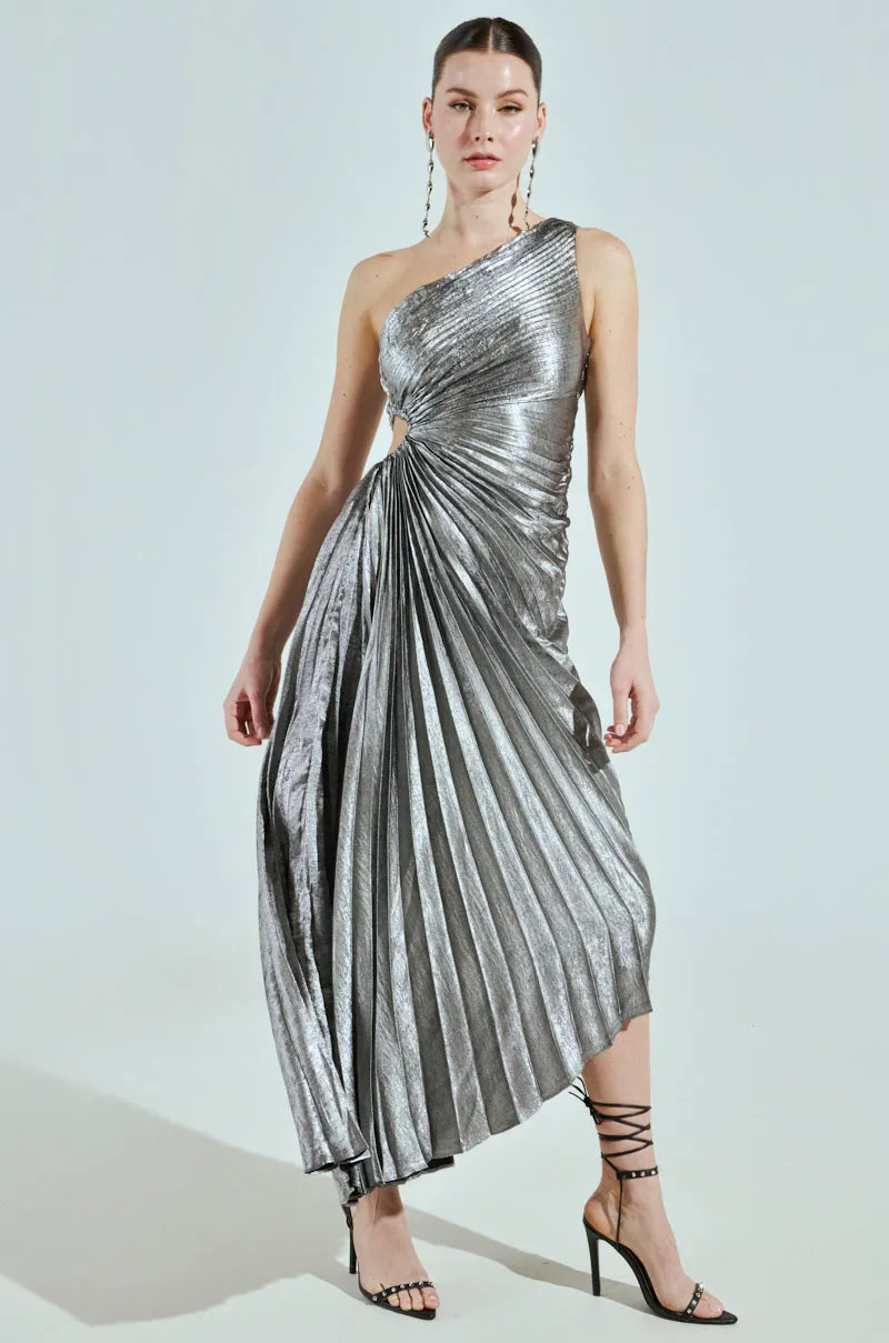 A LITTLE PARTY PLEATED MIDI DRESS IN SILVER