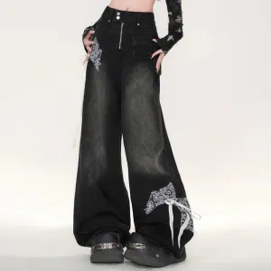 American Retro Black Lace Wide-leg Jeans