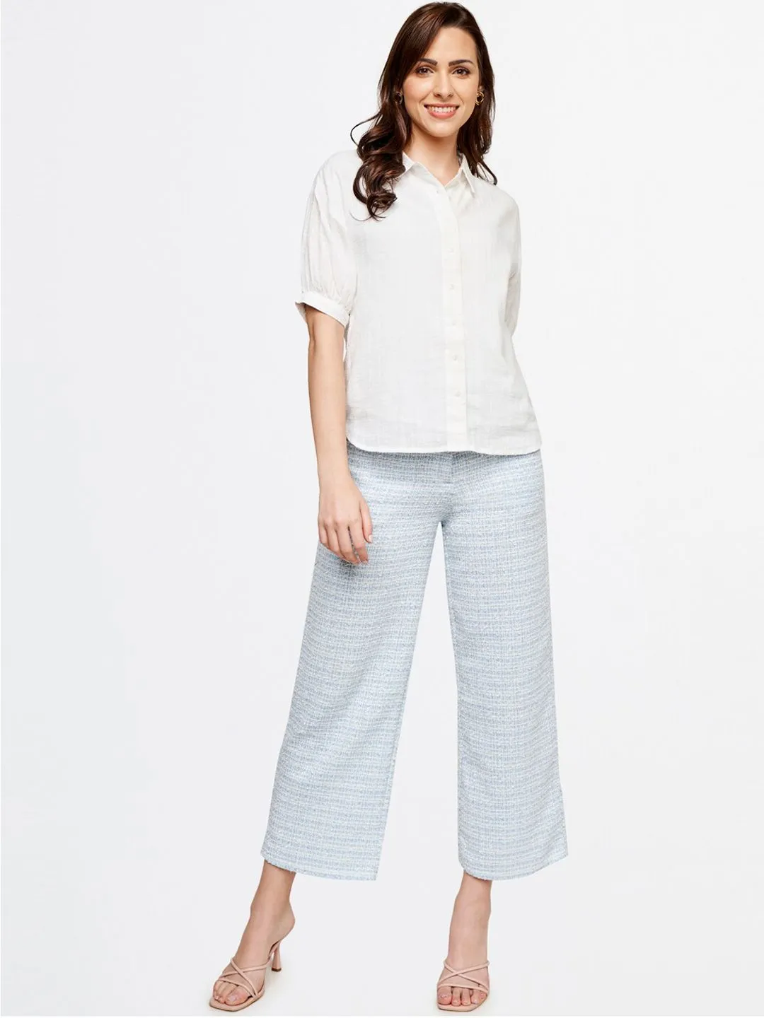AND Women Blue Checked Flared Trouser
