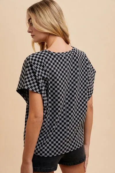ANNIE WEAR CHECKERED ROUND NECK SHORT SLEEVE T-SHIRT