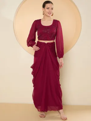 Antheaa Round Neck Floral Beads And Stones Crop Top With Skirts