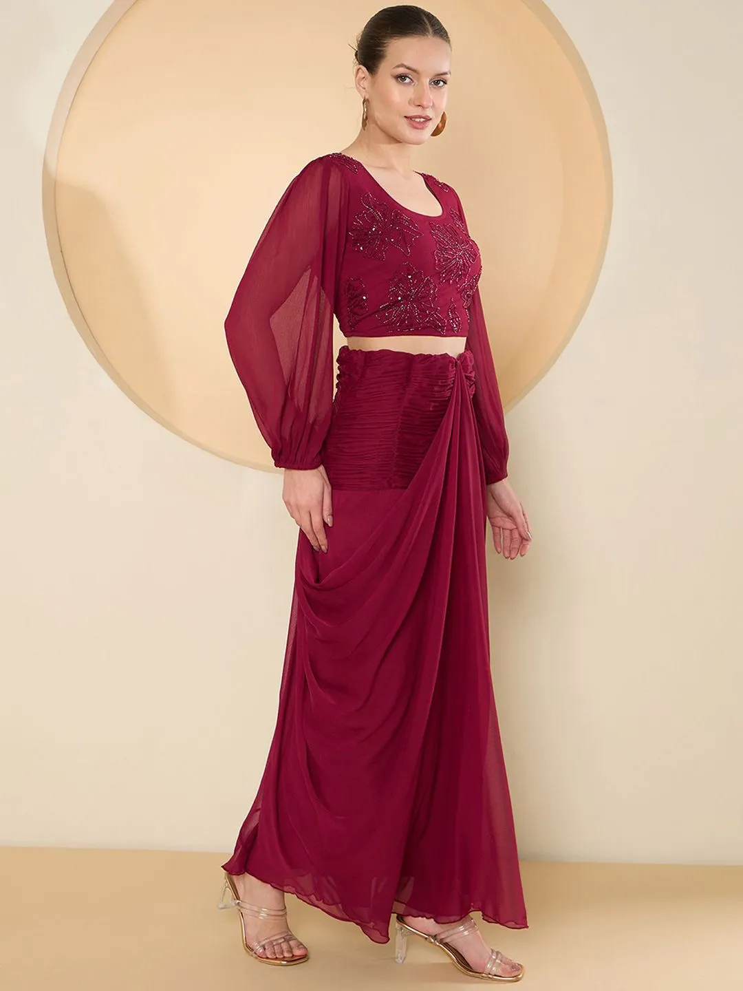 Antheaa Round Neck Floral Beads And Stones Crop Top With Skirts