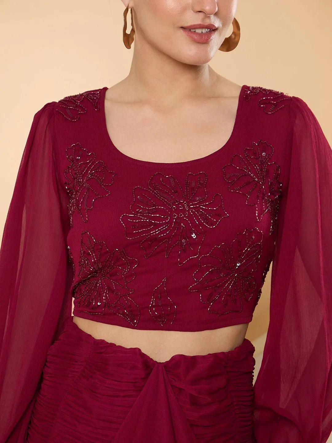 Antheaa Round Neck Floral Beads And Stones Crop Top With Skirts