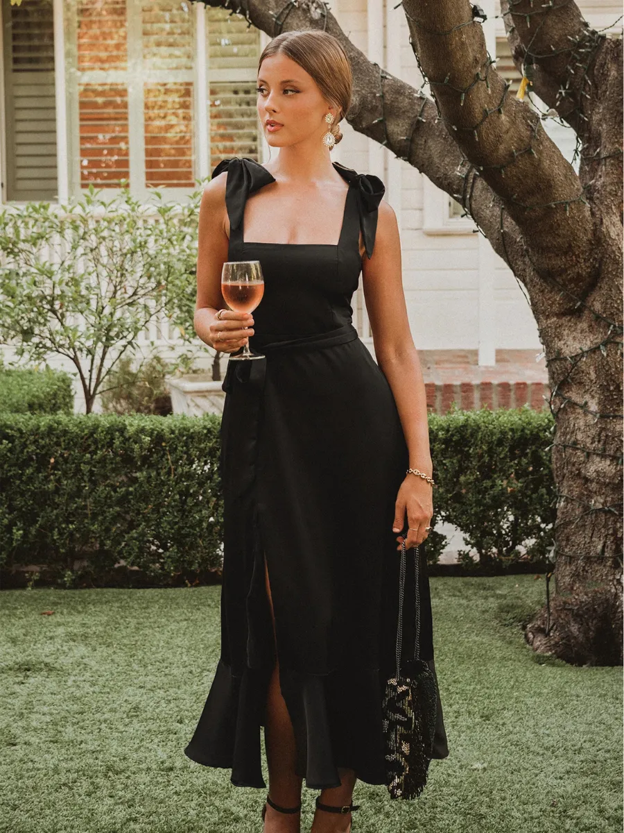 Avianca Shoulder Tie Bridal Midi Dress - Black