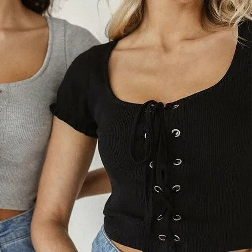 Bandage Crop Top Women Short Sleeve Casual Cropped Shirts