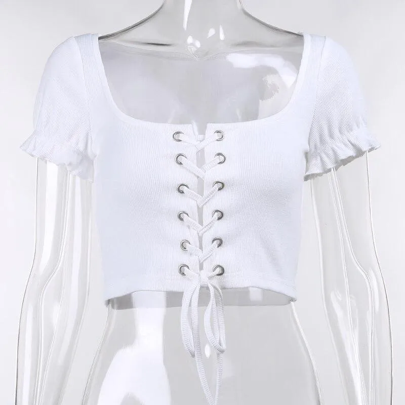 Bandage Crop Top Women Short Sleeve Casual Cropped Shirts
