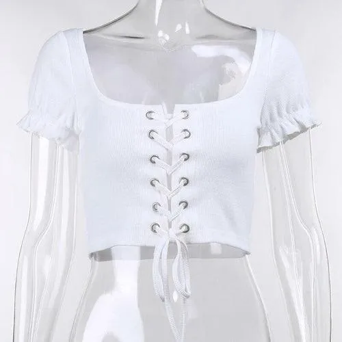 Bandage Crop Top Women Short Sleeve Casual Cropped Shirts