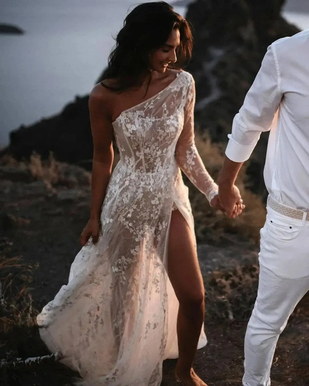 Beach Elegant One Shoulder Wedding Dress For Women Illusion Lace Appliques A Line Simple Bridal Gown Robe De Mariee
