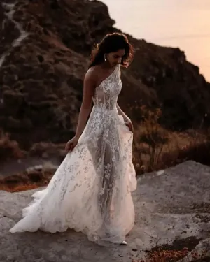 Beach Elegant One Shoulder Wedding Dress For Women Illusion Lace Appliques A Line Simple Bridal Gown Robe De Mariee