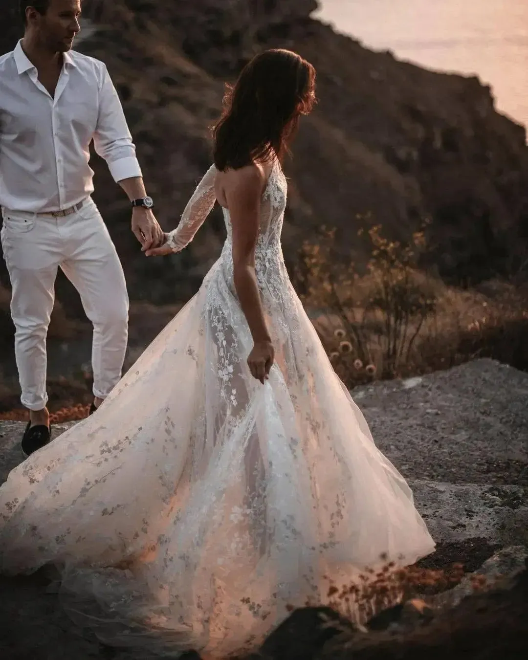 Beach Elegant One Shoulder Wedding Dress For Women Illusion Lace Appliques A Line Simple Bridal Gown Robe De Mariee