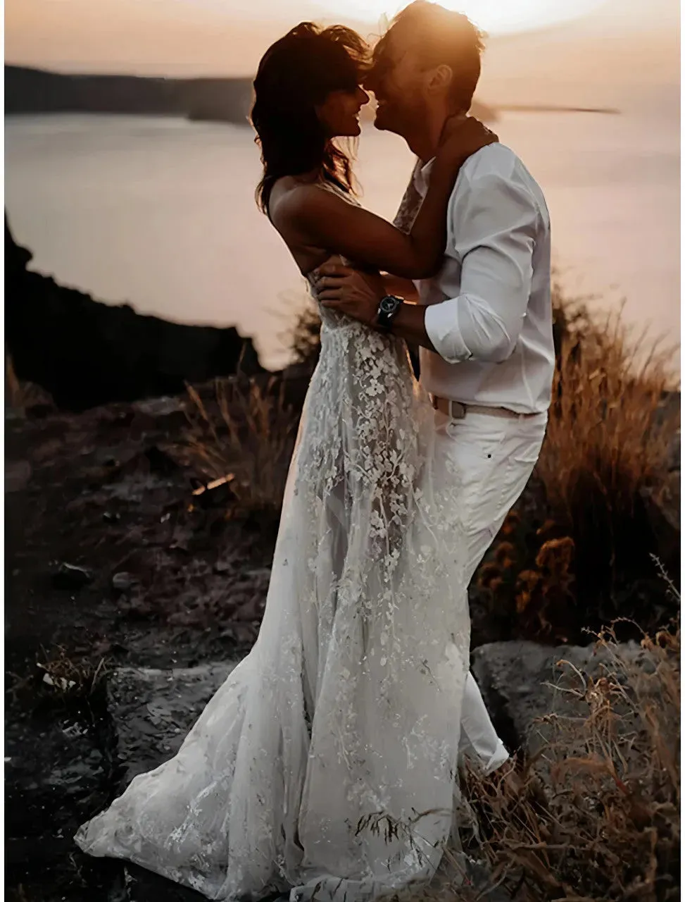 Beach Elegant One Shoulder Wedding Dress For Women Illusion Lace Appliques A Line Simple Bridal Gown Robe De Mariee