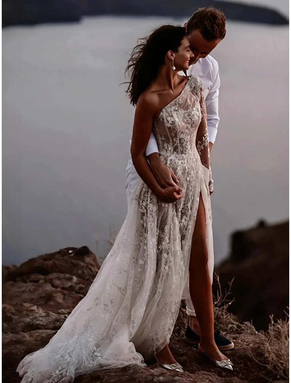 Beach Elegant One Shoulder Wedding Dress For Women Illusion Lace Appliques A Line Simple Bridal Gown Robe De Mariee