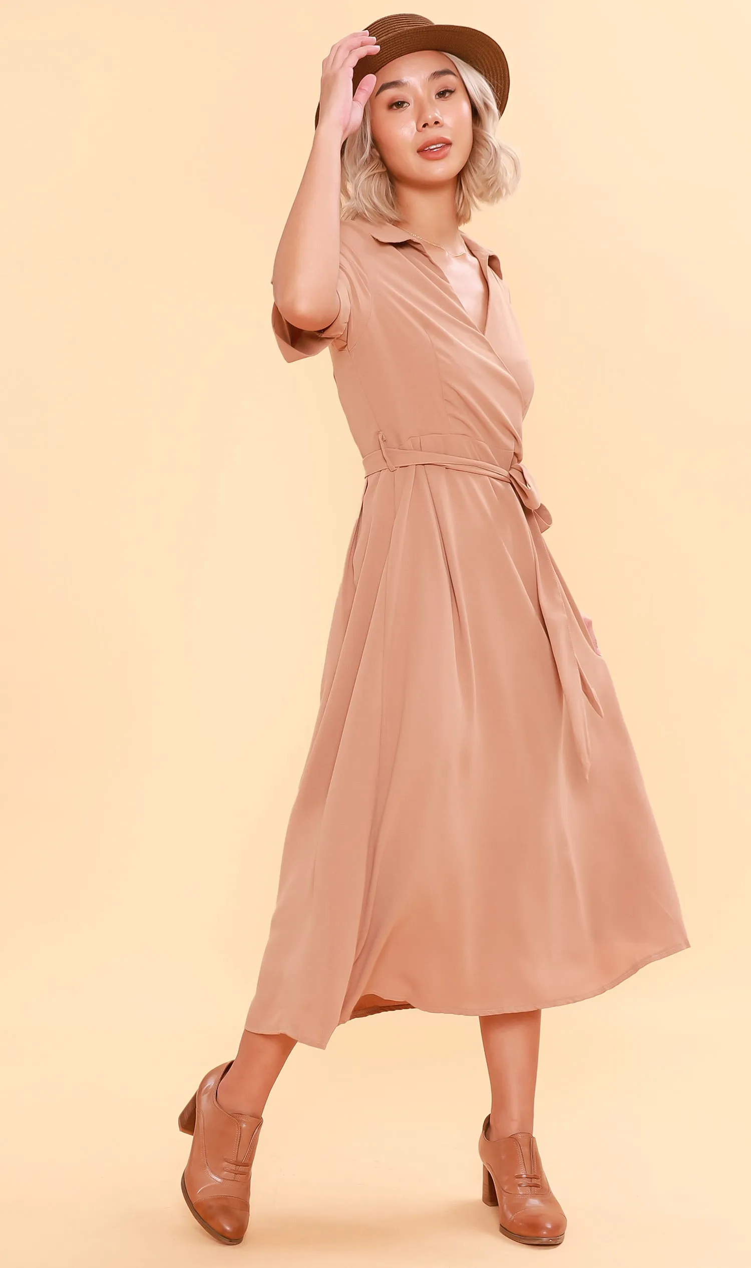 BEATRIX Collared Surplice Dress (Nude)