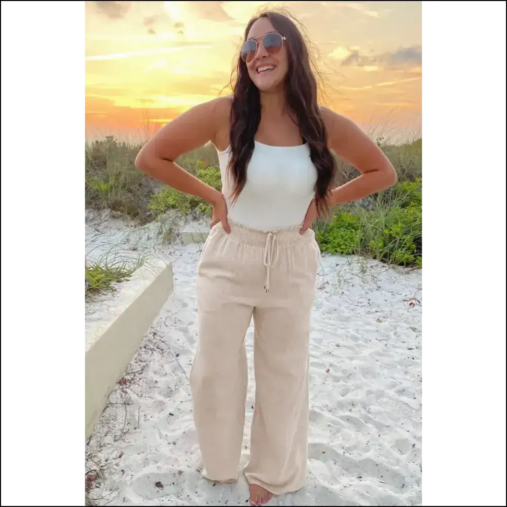 Beige Frill Smocked Pants: Needful Things  Goddess Trousers