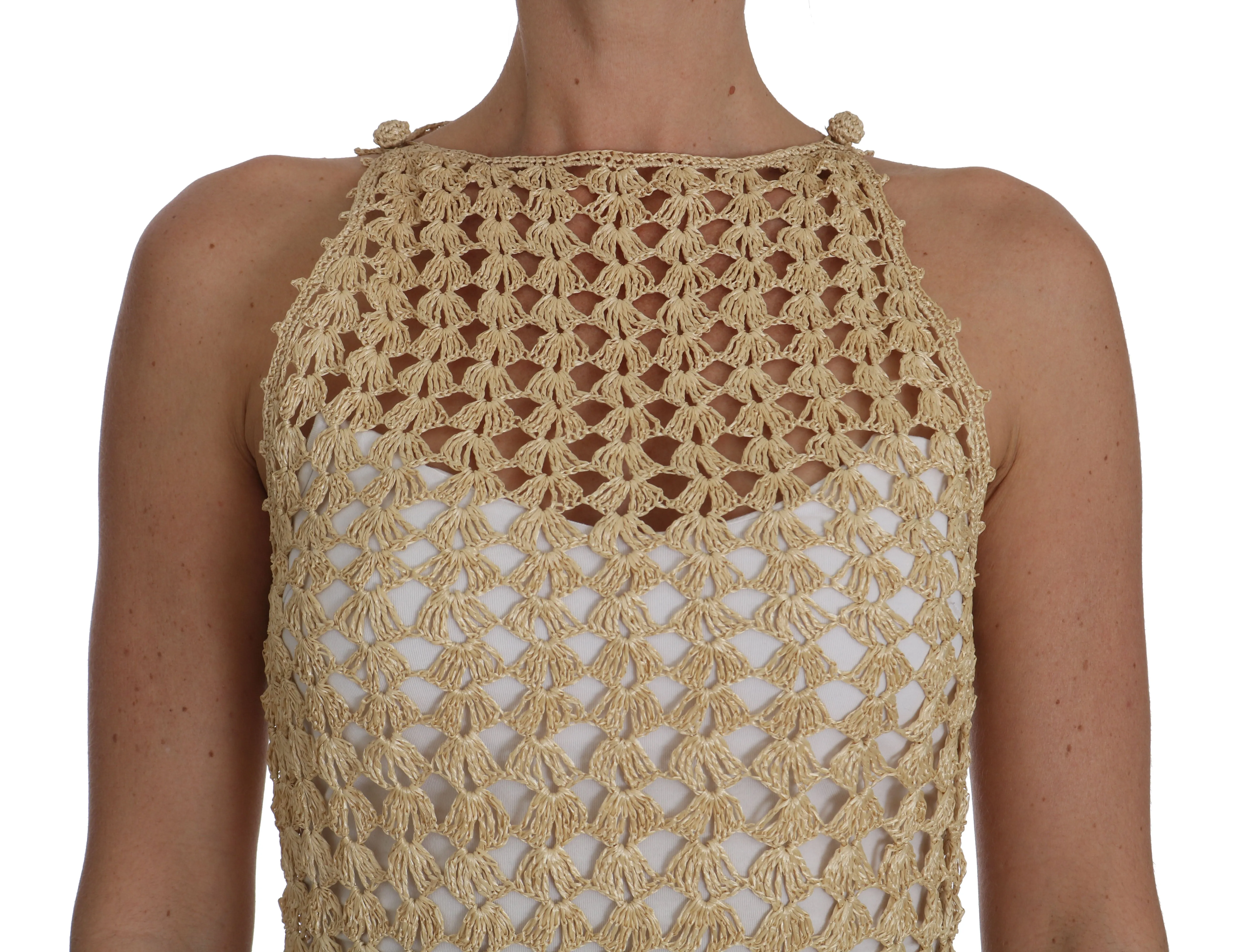 Beige Knitted Ricamo Sheer Viscose Dress