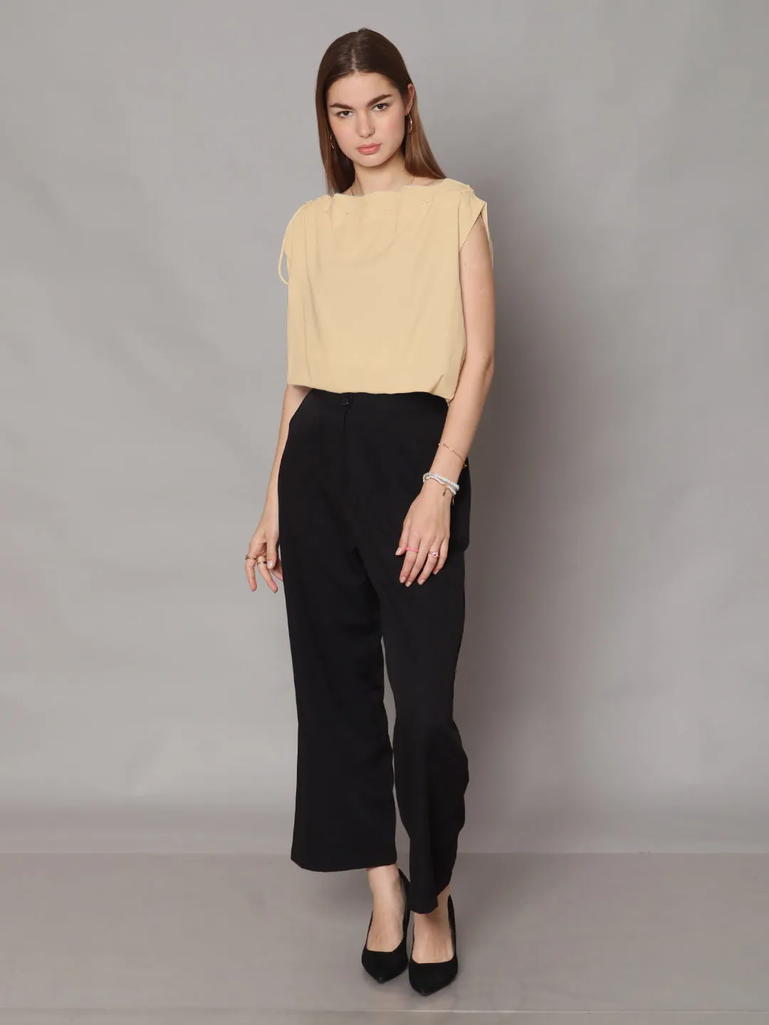 Beige Solid Boxy Top