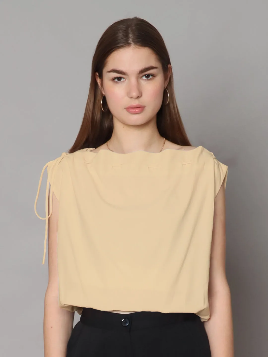 Beige Solid Boxy Top