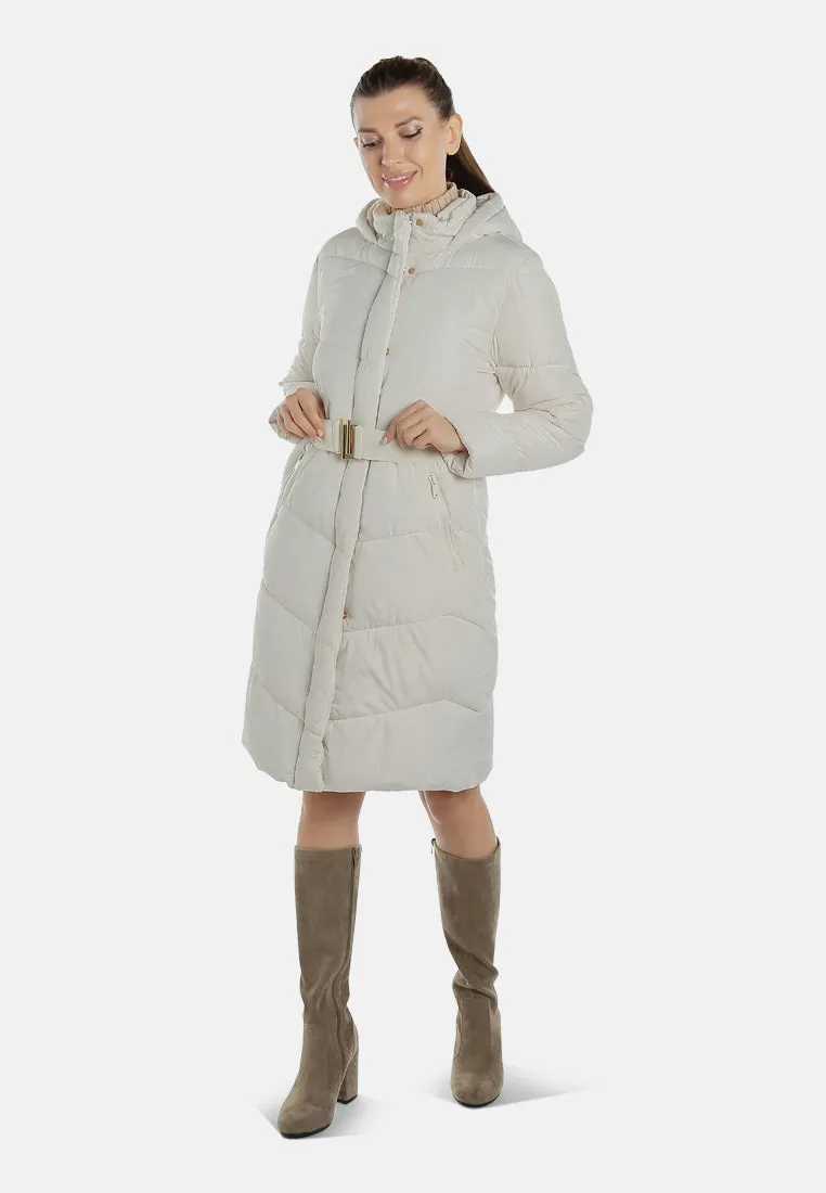 Belted Hooded Long Puffer Jacket By RUW