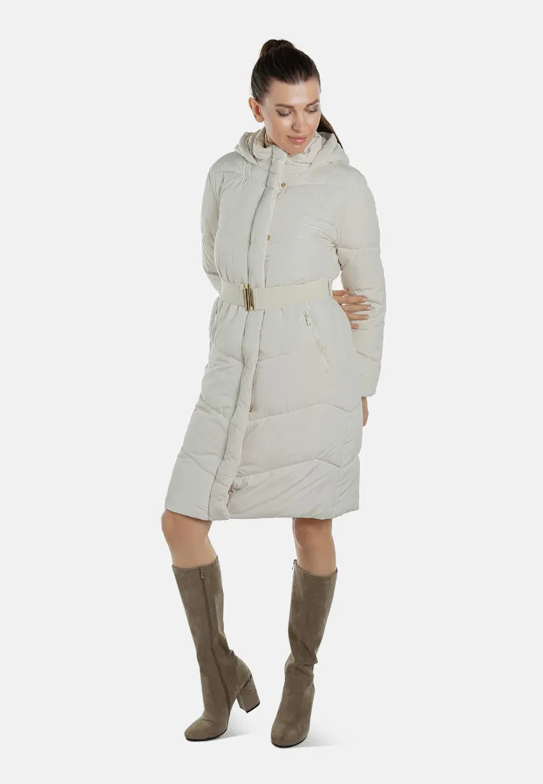 Belted Hooded Long Puffer Jacket By RUW