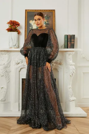 Black Long Sleeve A Line Wedding Party Dress