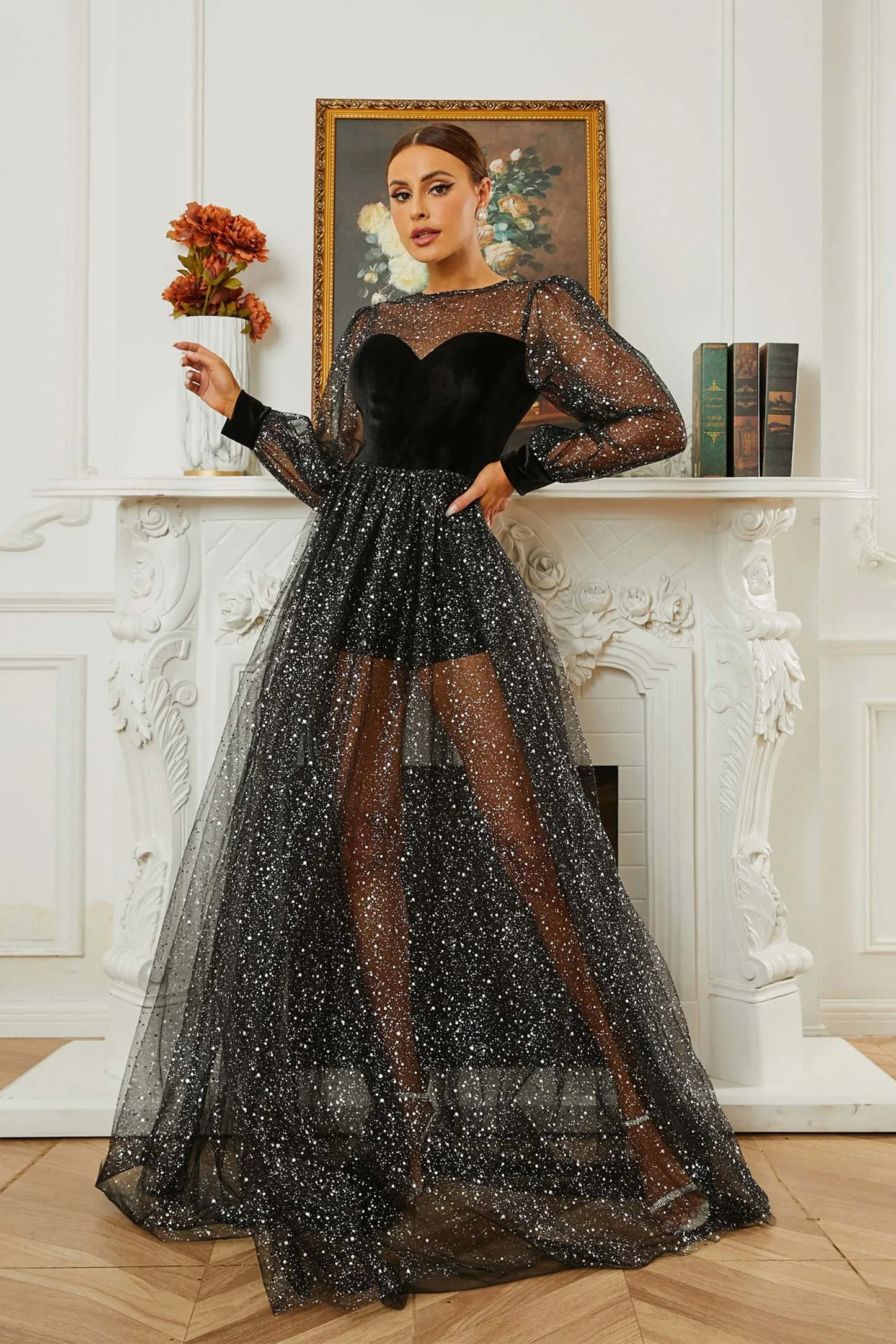 Black Long Sleeve A Line Wedding Party Dress