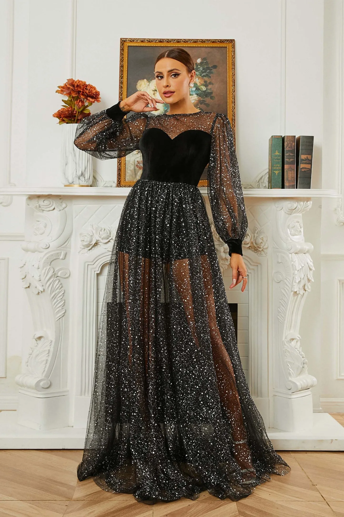 Black Long Sleeve A Line Wedding Party Dress
