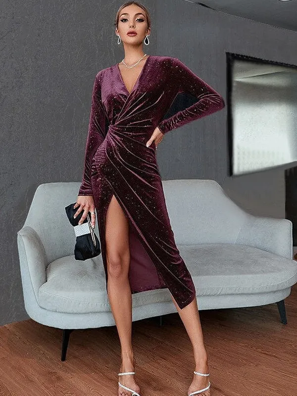 Black Midi Evening Party Dresses With Slit