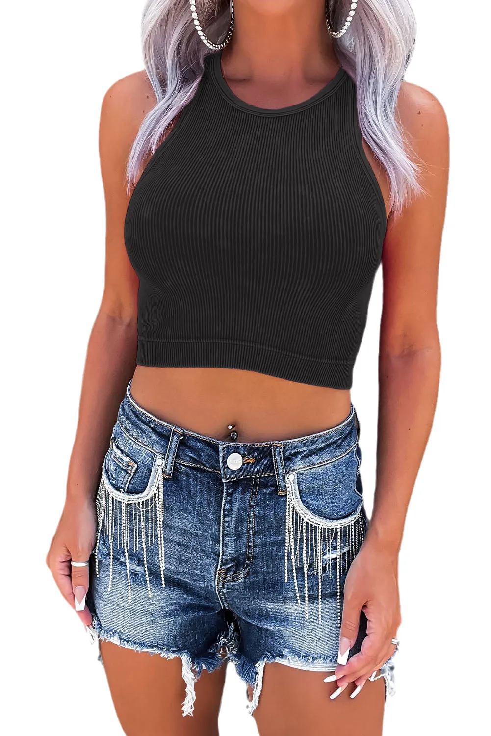 Black Mineral Wash Cropped Racerback Tank Top