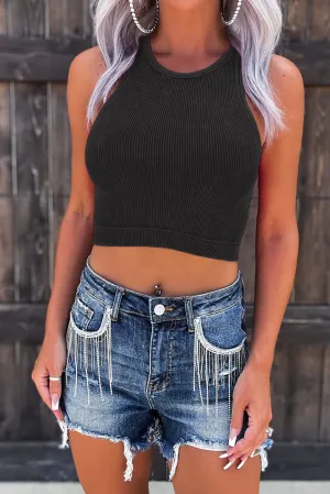 Black Mineral Wash Cropped Racerback Tank Top