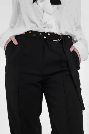 Black pants with wide legs and low hem