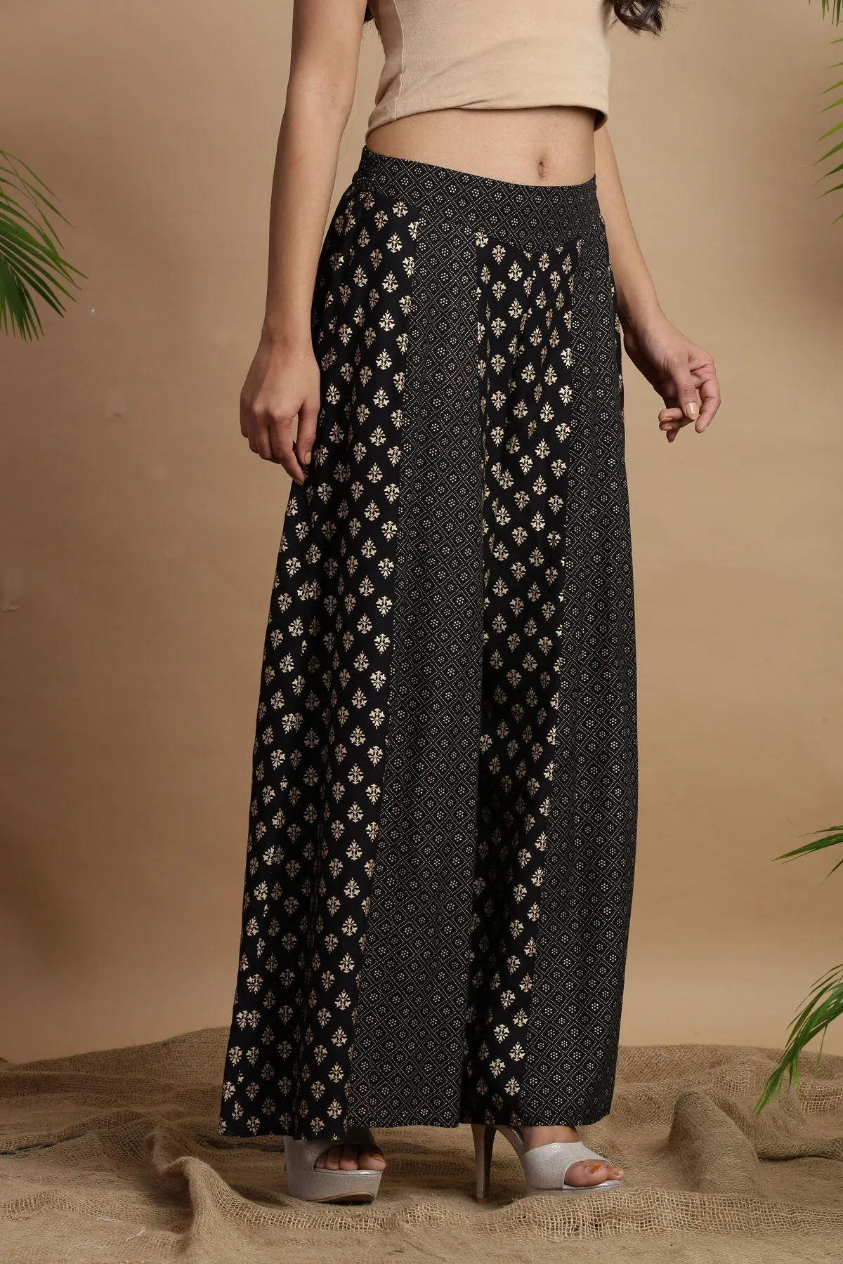 Black Rayon Ethnic Motif Printed Ankle-Length Flared Kalidar Women Palazzo With One Pocket-9789BLACK