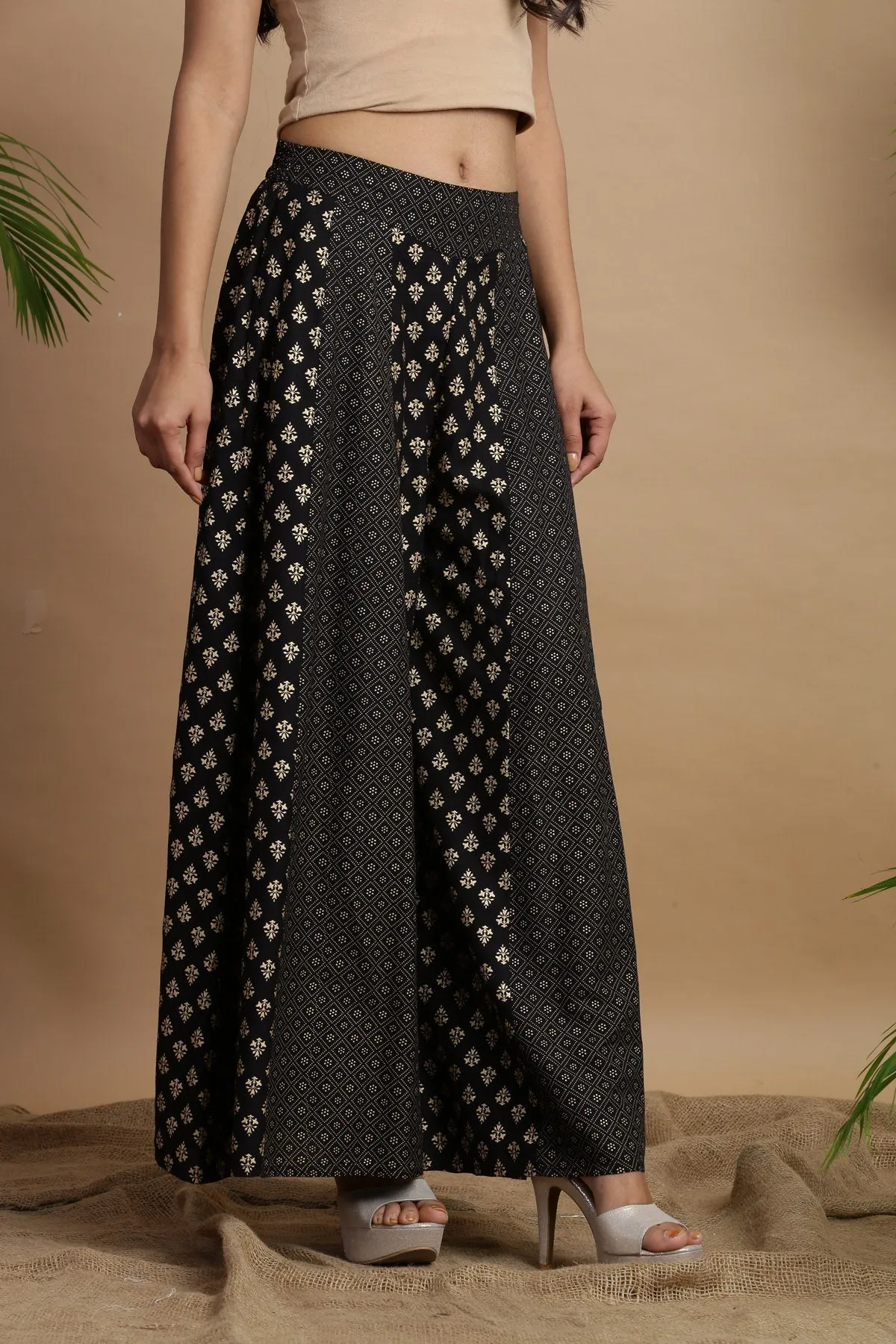 Black Rayon Ethnic Motif Printed Ankle-Length Flared Kalidar Women Palazzo With One Pocket-9789BLACK