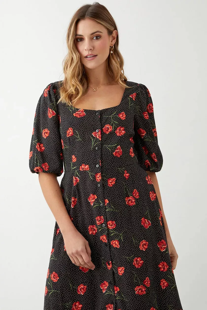 Black Spot Floral Button Through Midi Dress