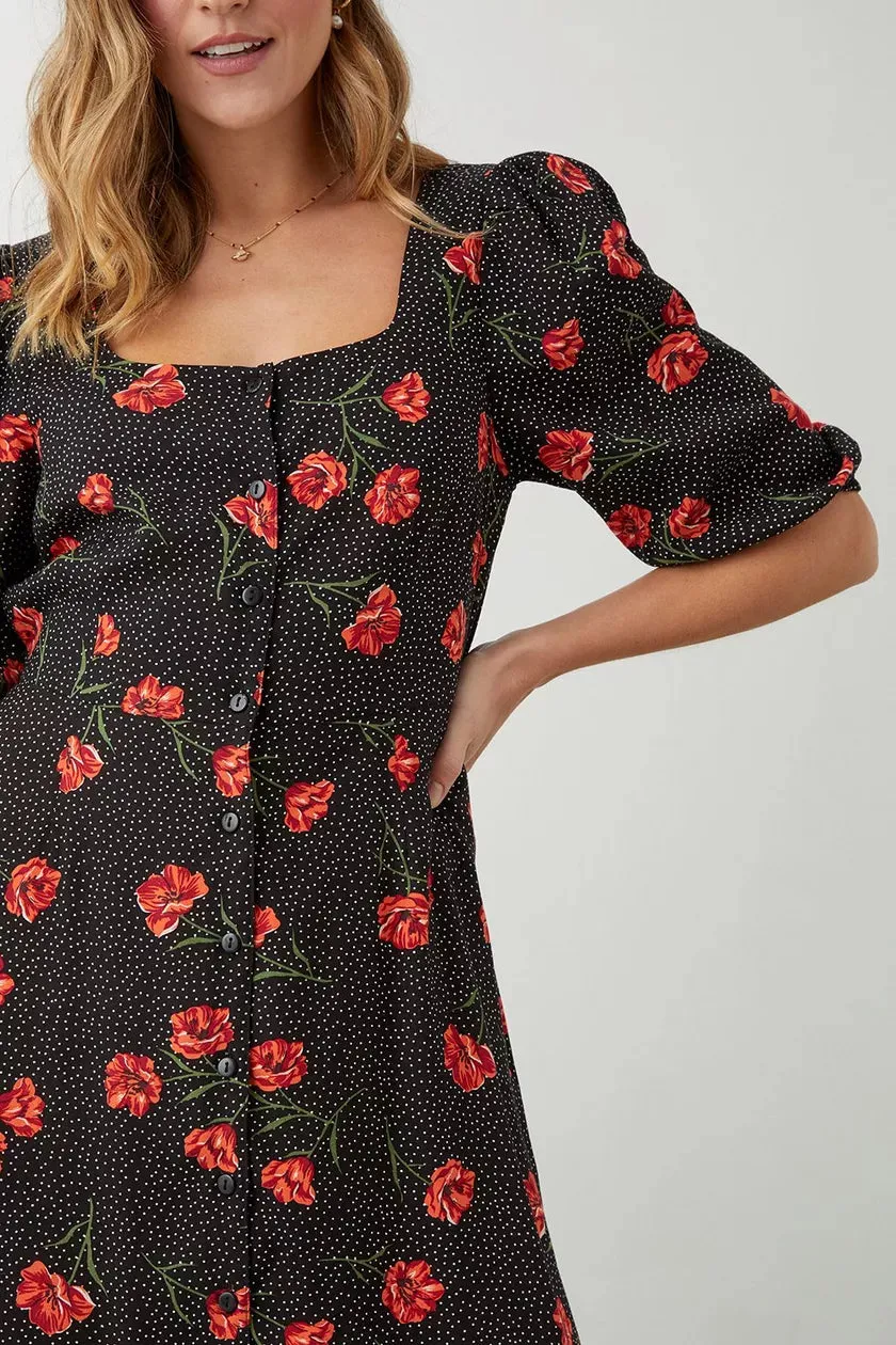 Black Spot Floral Button Through Midi Dress