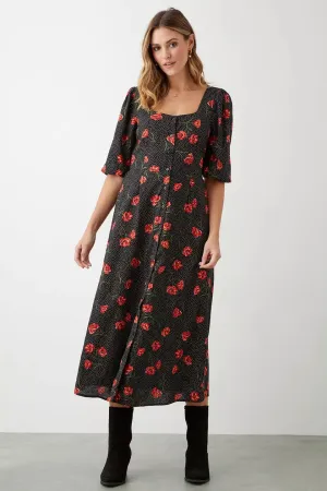 Black Spot Floral Button Through Midi Dress