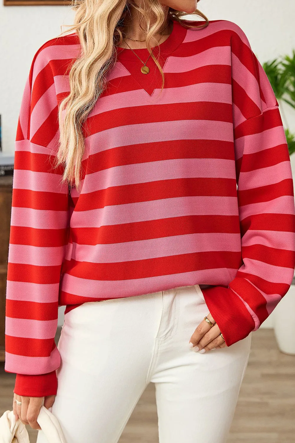 Black Stripe Collared V Neck Long Sleeve Loose Casual Dress