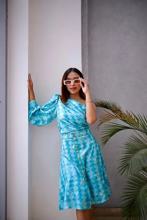 Blooming Blue Midi Dress With Belt