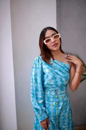 Blooming Blue Midi Dress With Belt