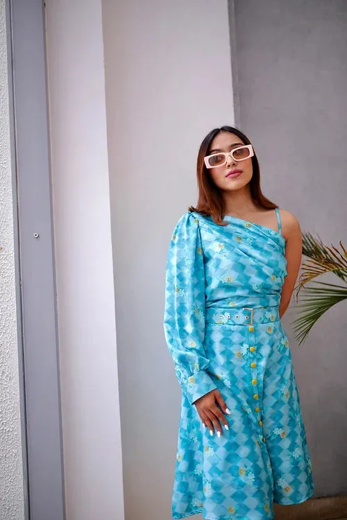 Blooming Blue Midi Dress With Belt