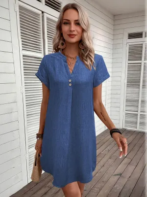 Blue Front Pleat Shift Dress