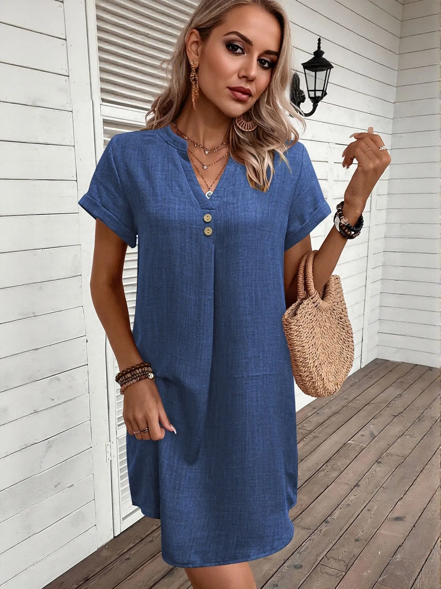 Blue Front Pleat Shift Dress