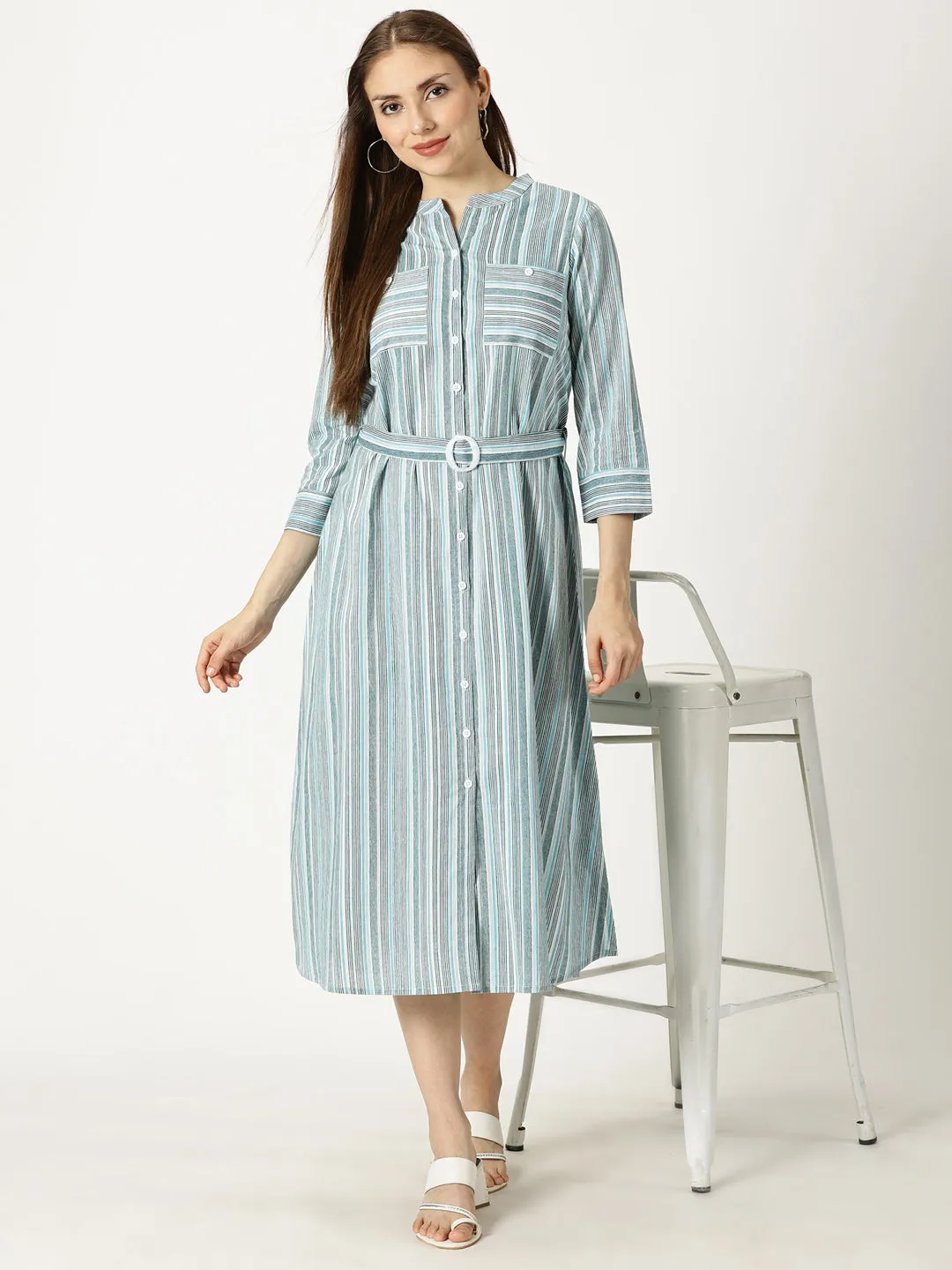 Blue Striped Print Cotton Dress with Belt Buckle