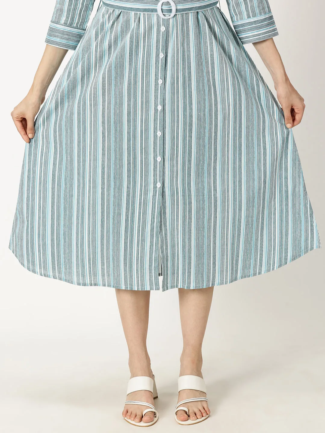 Blue Striped Print Cotton Dress with Belt Buckle