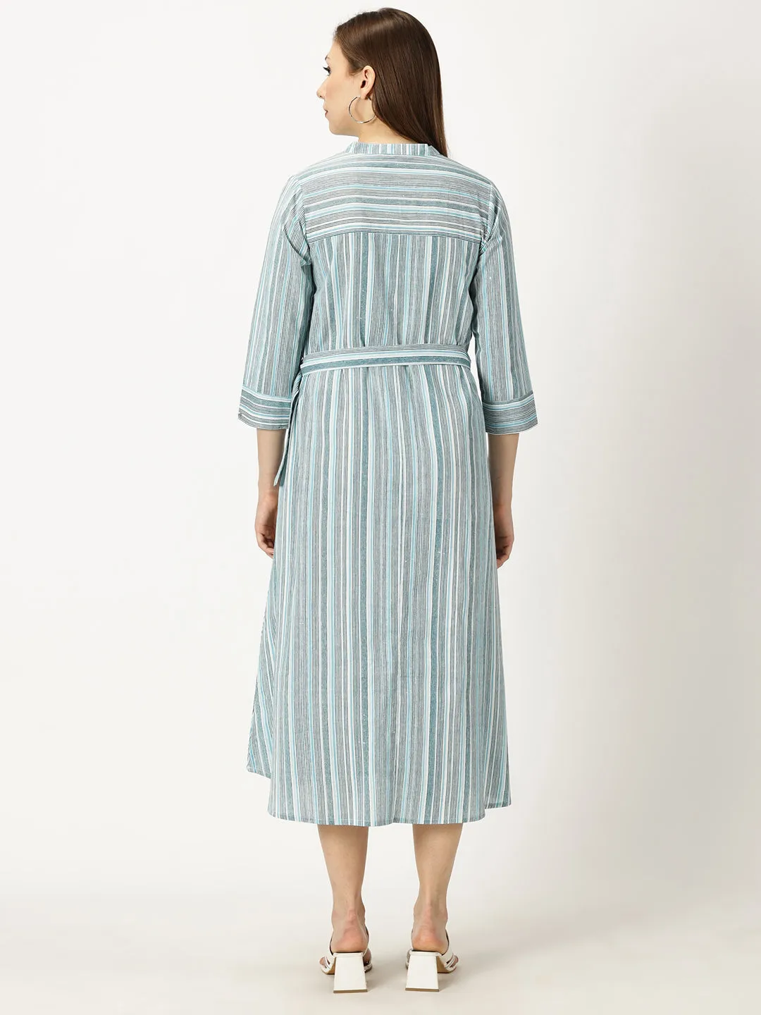 Blue Striped Print Cotton Dress with Belt Buckle
