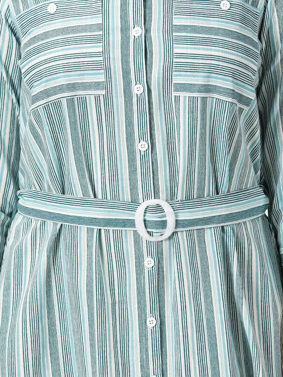 Blue Striped Print Cotton Dress with Belt Buckle