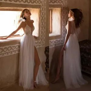 Boho Wedding Dresses For Bride Beach Sexy Split A-Line Bridal Gown Backless V-Neck Spaghetti Straps Vestidos De Boda
