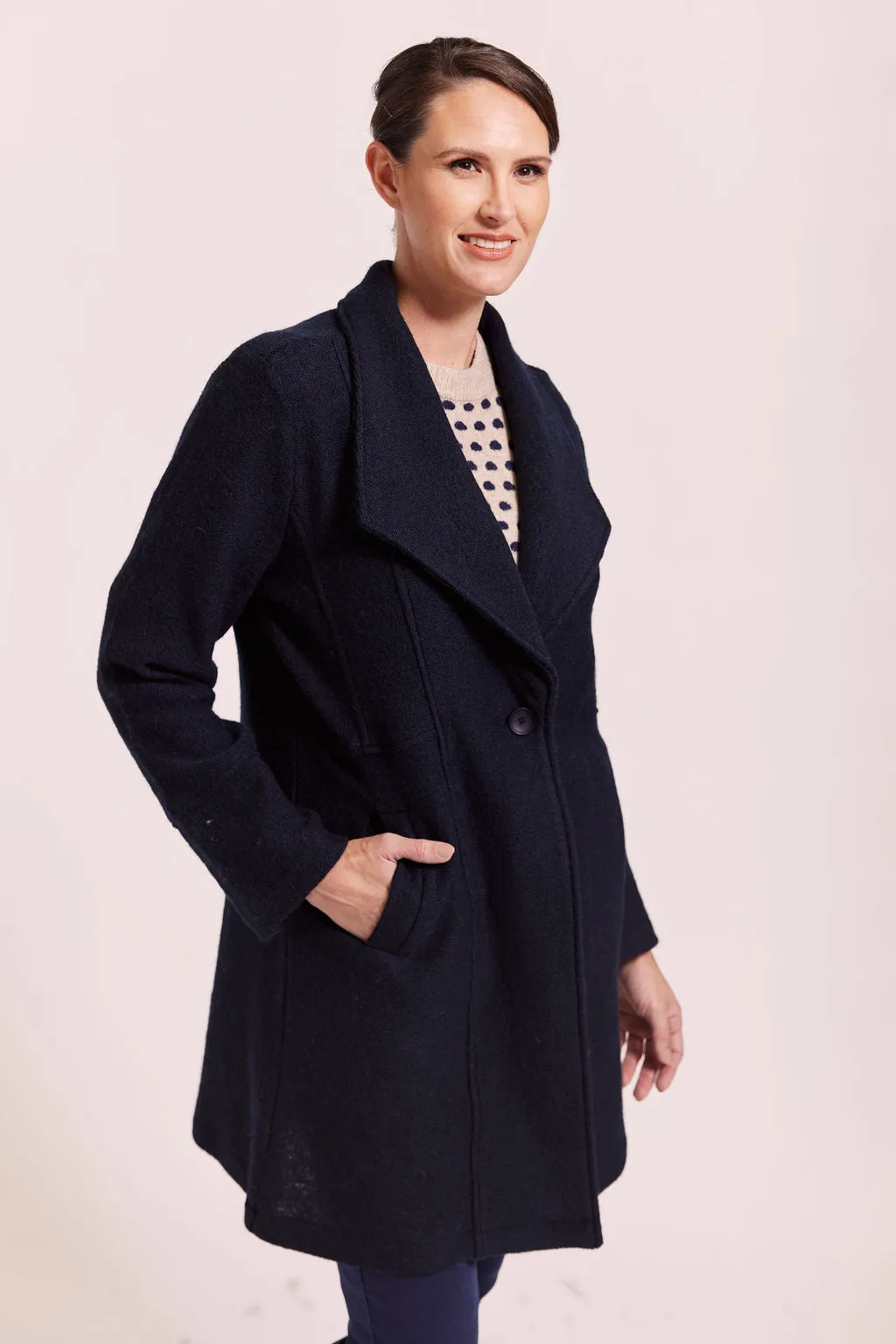 Boiled Wool Longline 1 Button Coat - Navy